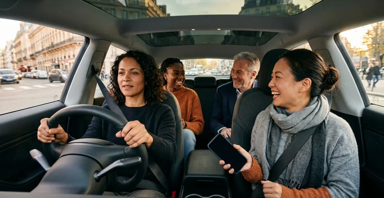 Groupe de collègues partageant un véhicule pour leur trajet domicile-travail en zone urbaine française