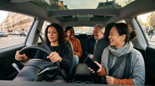 Groupe de collègues partageant un véhicule pour leur trajet domicile-travail en zone urbaine française