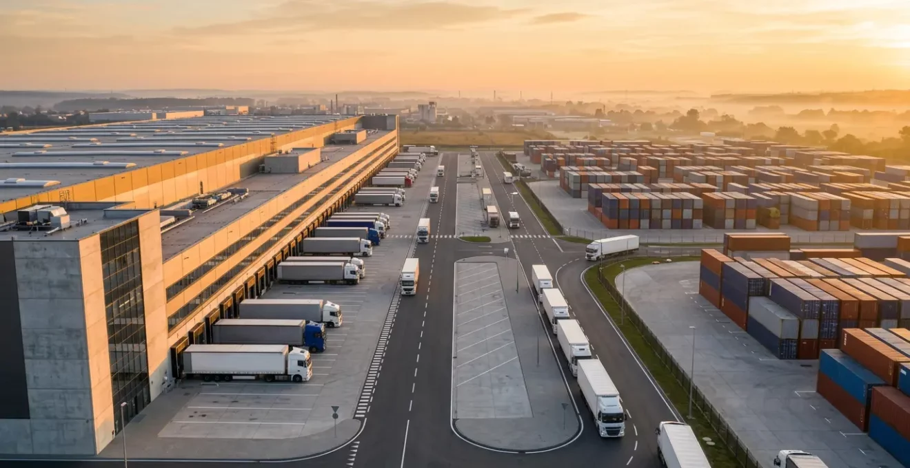 Vue aérienne d'un centre logistique moderne avec flux de camions et organisation structurée des opérations