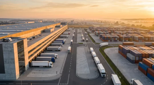Vue aérienne d'un centre logistique moderne avec flux de camions et organisation structurée des opérations