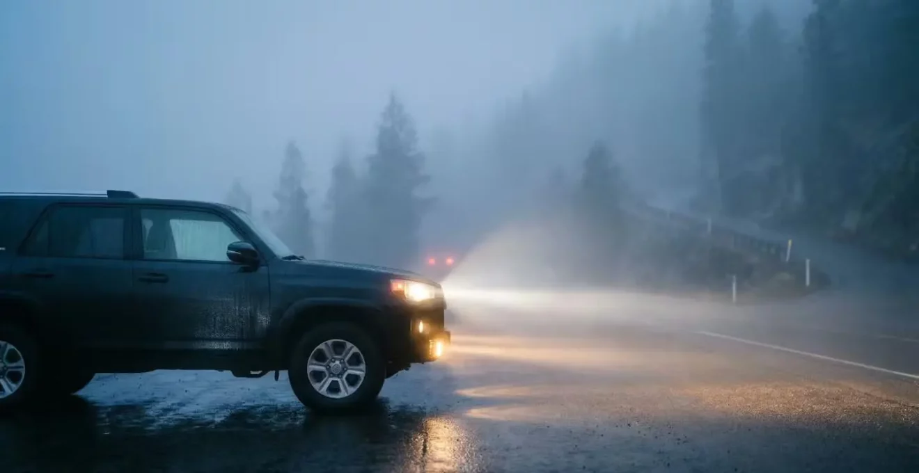 Vue latérale d'une voiture avec feux antibrouillard éclairant sous la nappe de brouillard dense