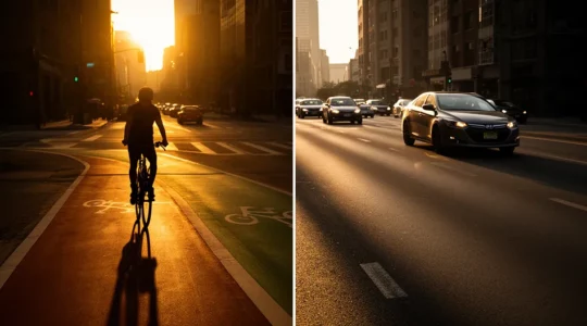 Comparaison visuelle entre un vélo électrique et une voiture en milieu urbain montrant les économies potentielles