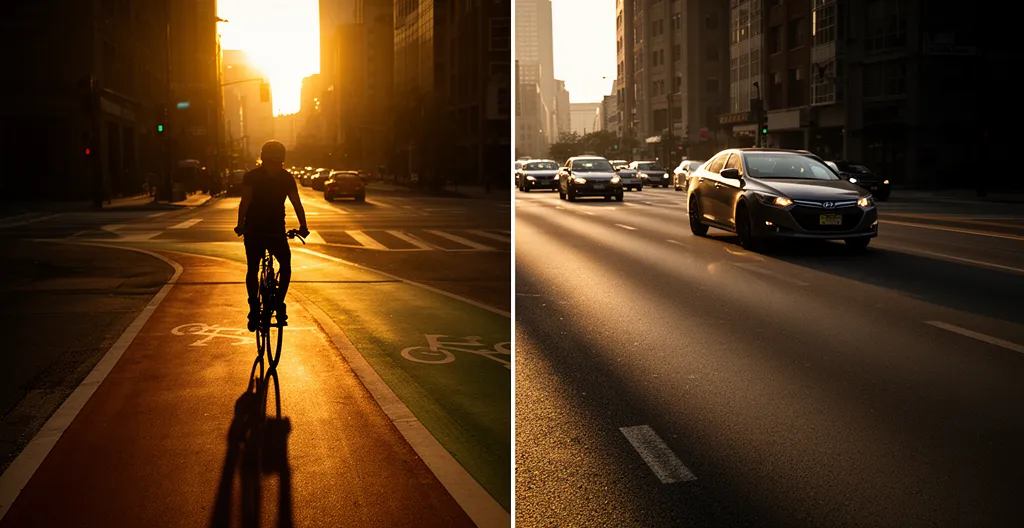 Comparaison visuelle entre un vélo électrique et une voiture en milieu urbain montrant les économies potentielles