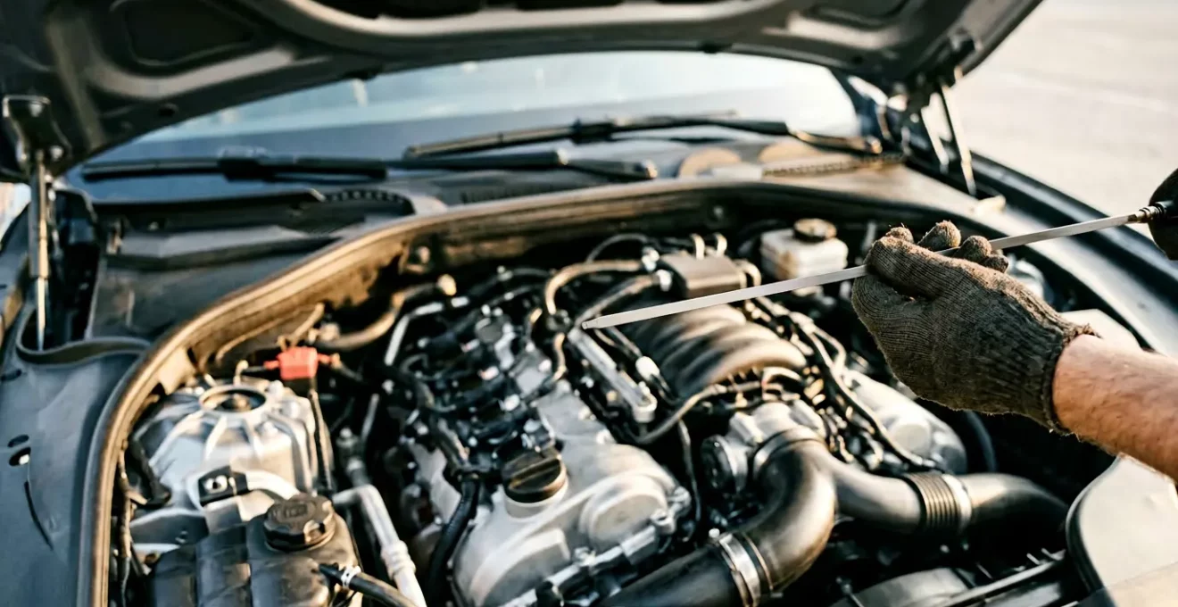 Vérification du niveau d'huile moteur avec la jauge dans le compartiment moteur