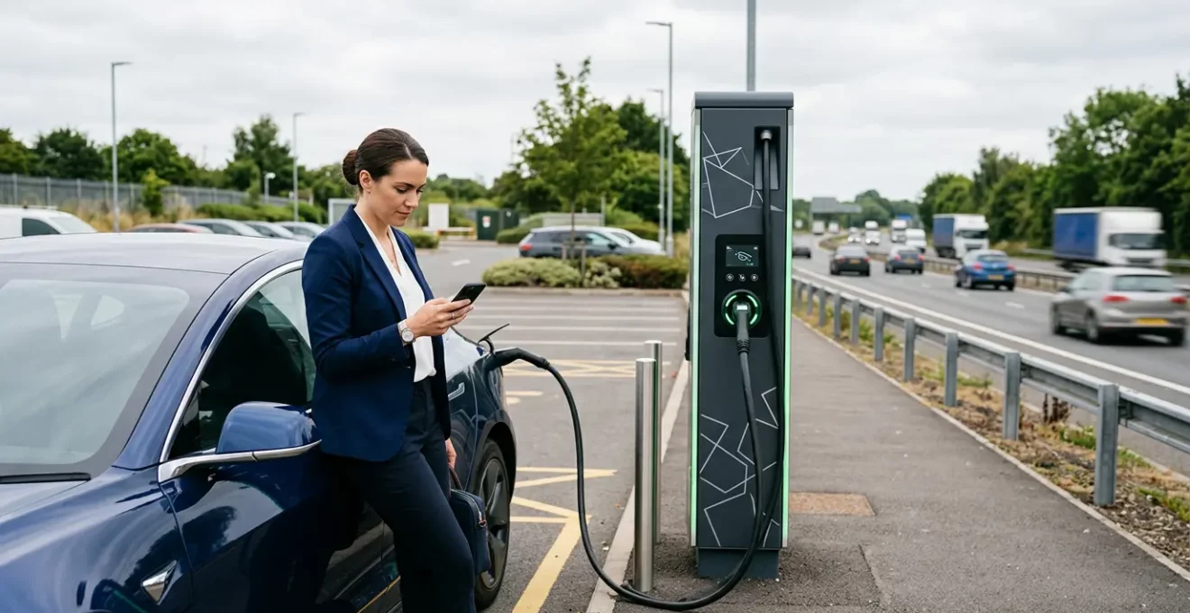 Un commercial en costume examine une voiture électrique en charge à une station moderne sur aire d'autoroute