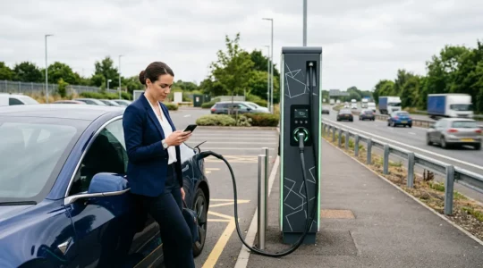 Un commercial en costume examine une voiture électrique en charge à une station moderne sur aire d'autoroute