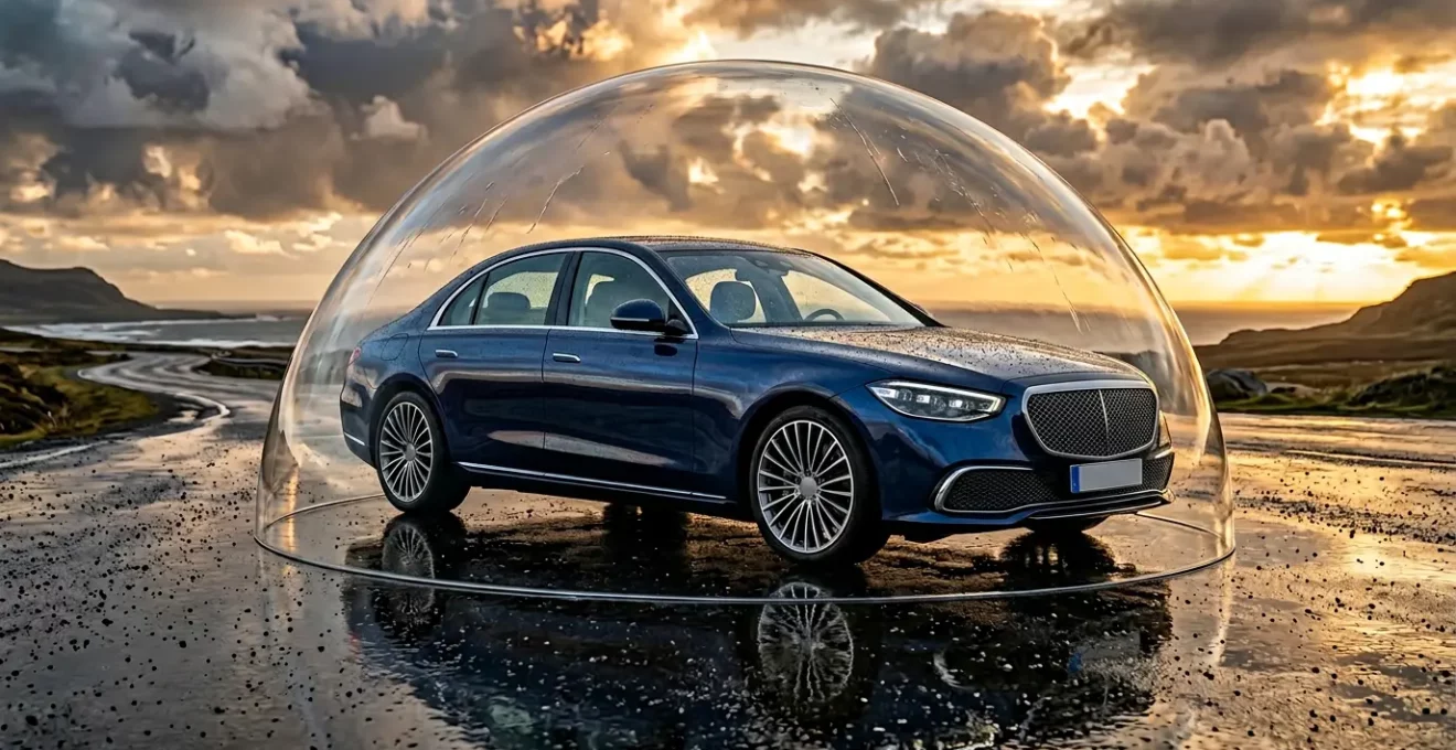 Voiture neuve moderne protégée par un bouclier transparent symbolisant la protection de la valeur à neuf