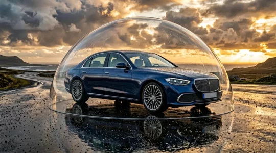 Voiture neuve moderne protégée par un bouclier transparent symbolisant la protection de la valeur à neuf