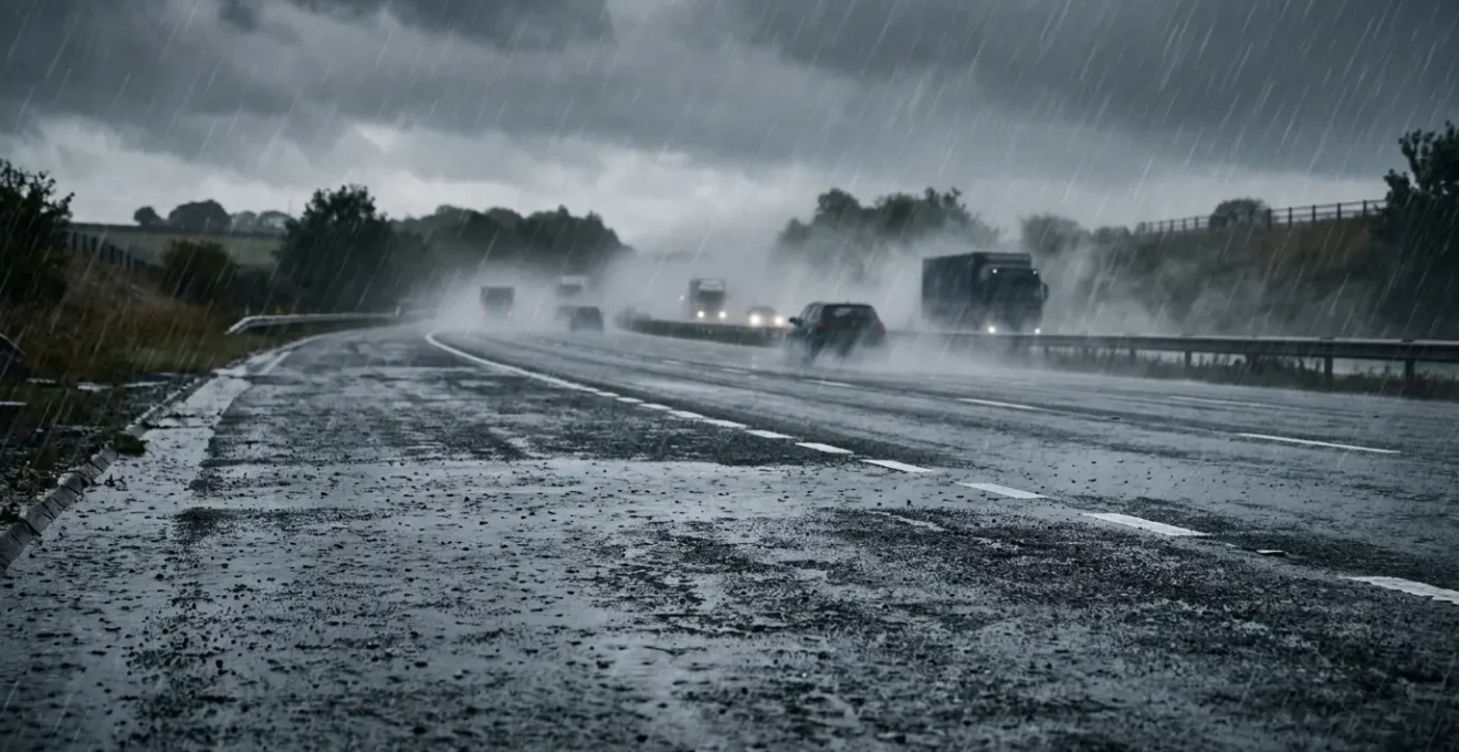 Véhicule sur autoroute mouillée avec projections d'eau importantes et visibilité réduite