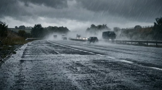 Véhicule sur autoroute mouillée avec projections d'eau importantes et visibilité réduite