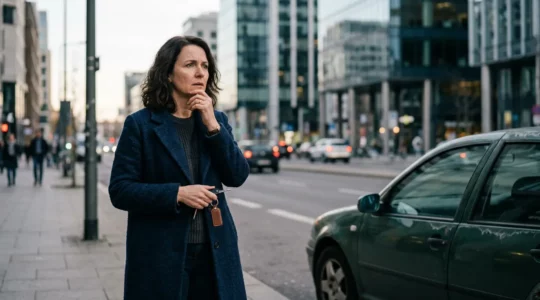 Conducteur vérifiant une vignette Crit'Air sur le pare-brise d'une voiture dans un environnement urbain