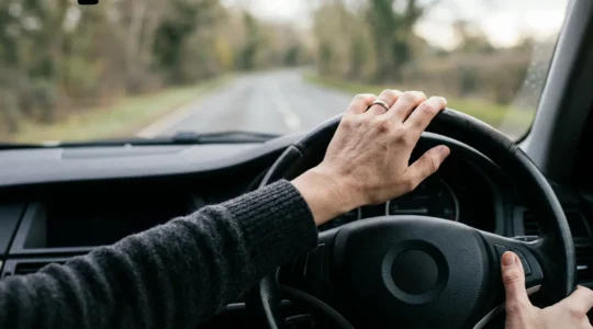 Vue rapprochée d'un volant de voiture avec les mains du conducteur corrigeant légèrement la trajectoire sur une route droite