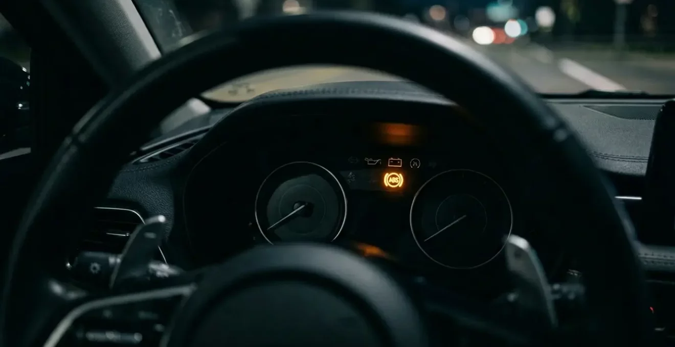 Vue rapprochée d'un tableau de bord automobile avec voyant ABS orange illuminé