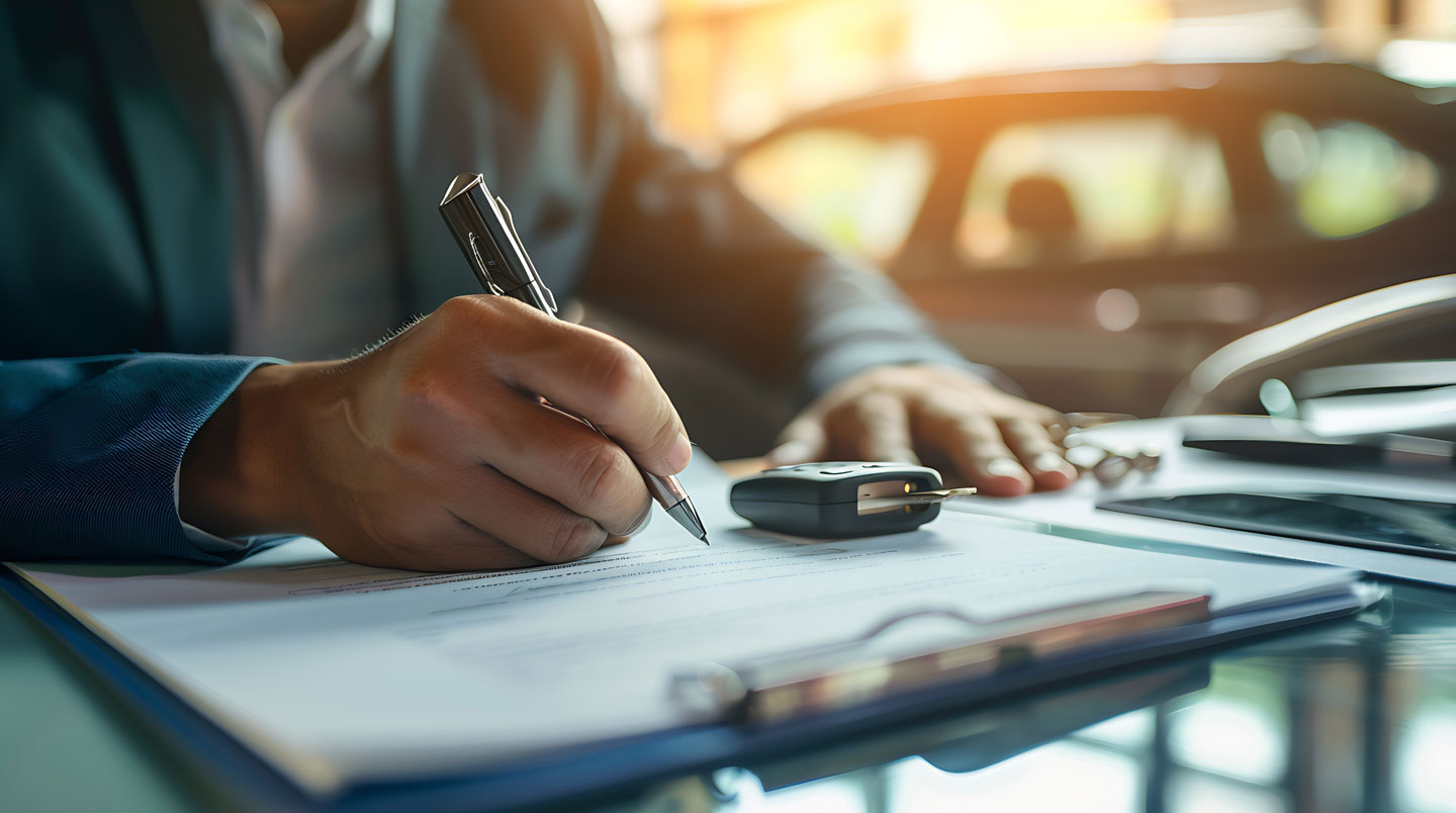 Gros plan macro d'un document de contrat avec un stylo moderne posé sur une surface de bureau propre