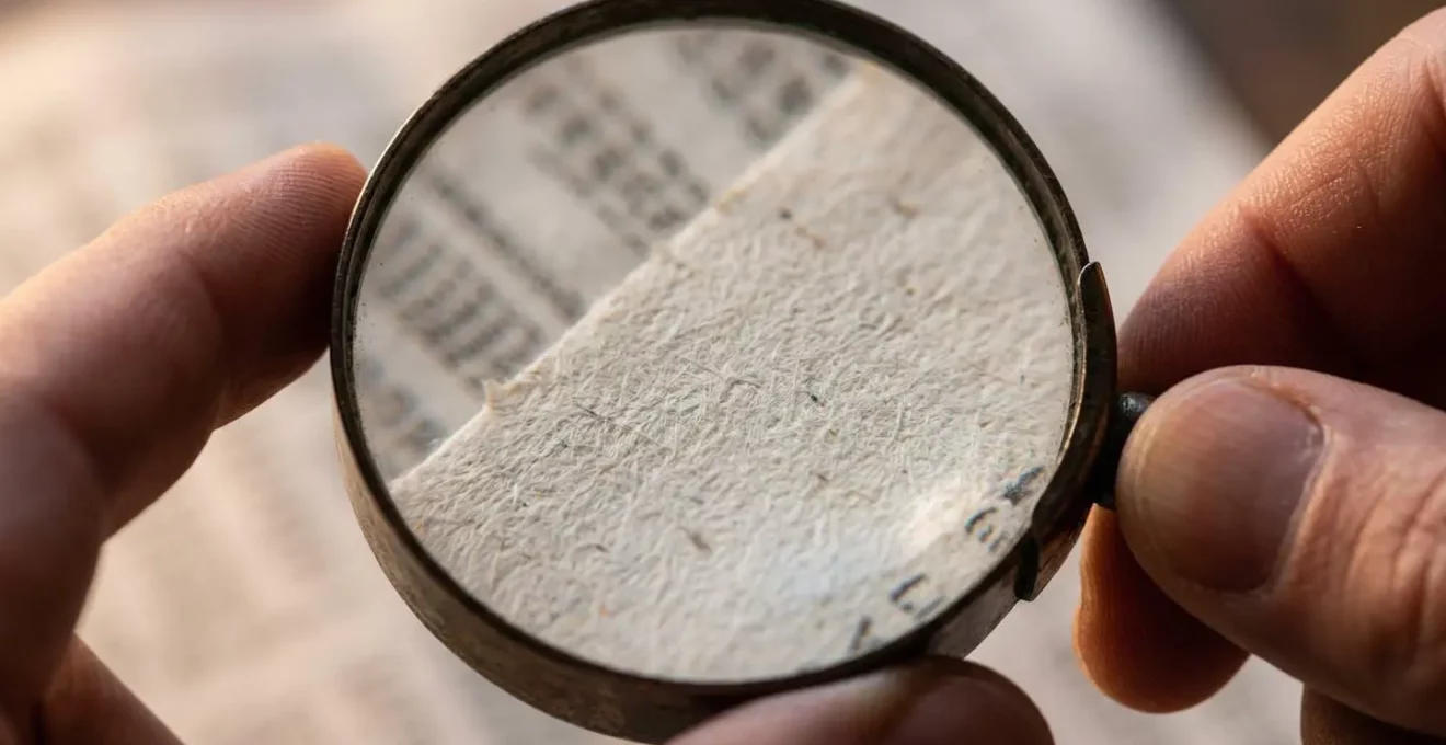 Mains tenant un contrat d'assurance avec loupe posée sur bureau professionnel