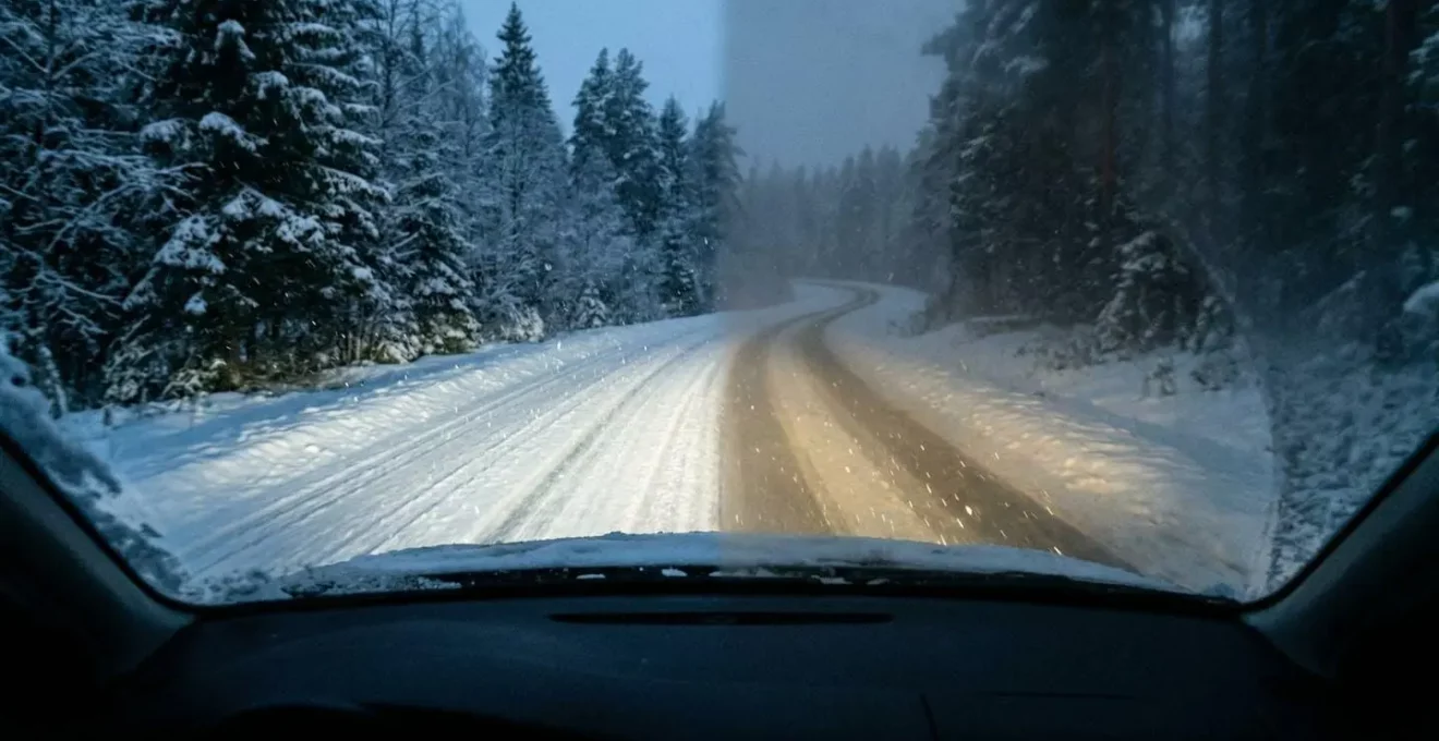 Vue depuis l'intérieur d'une voiture montrant la différence de visibilité entre phares clairs et opaques en conditions hivernales