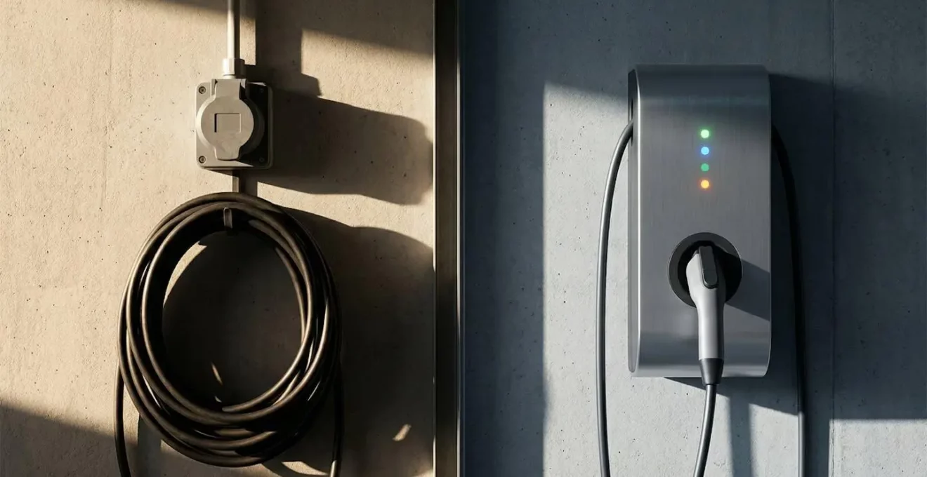 Comparaison visuelle entre une wallbox moderne et une prise renforcée dans un garage
