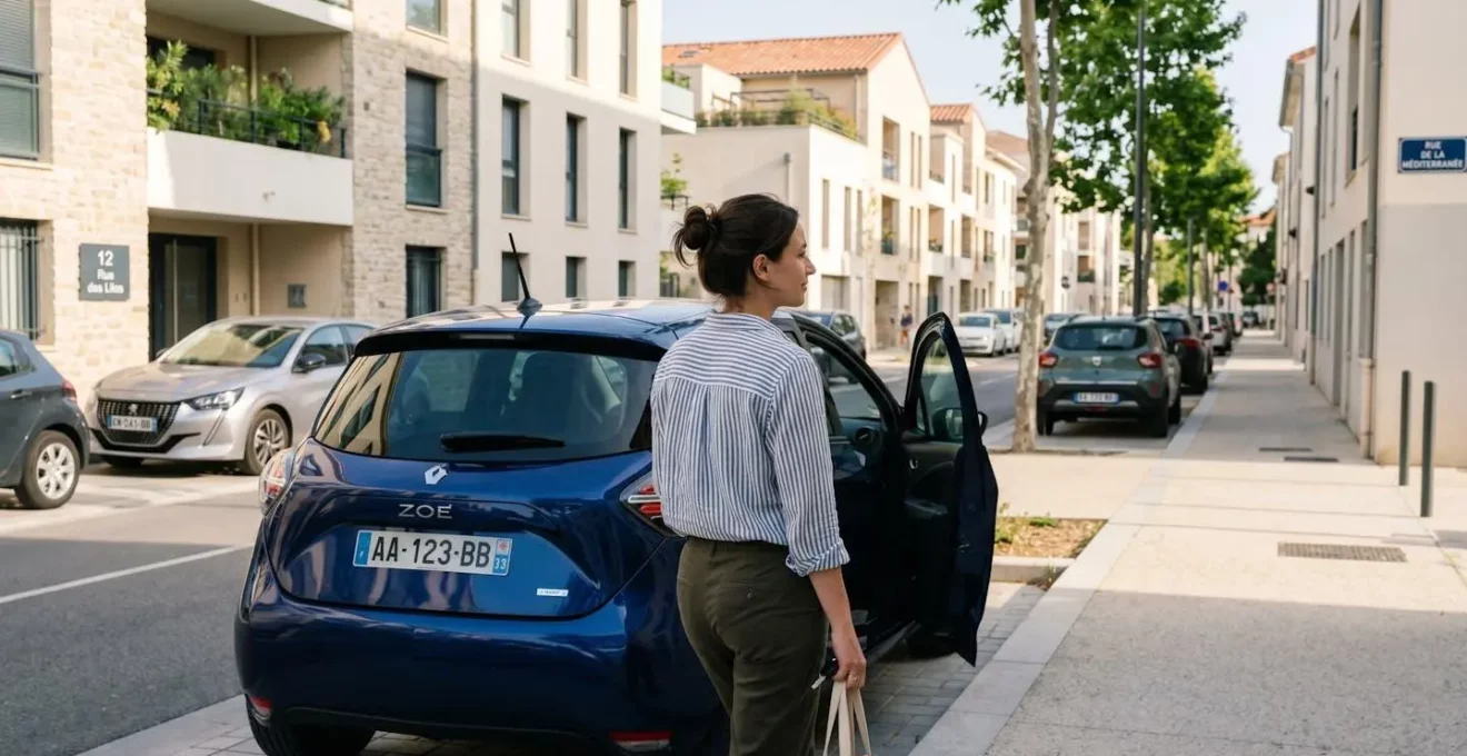 Une femme vue de dos s'approche d'une voiture compacte moderne garée dans un parking résidentiel français