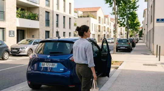 Une femme vue de dos s'approche d'une voiture compacte moderne garée dans un parking résidentiel français