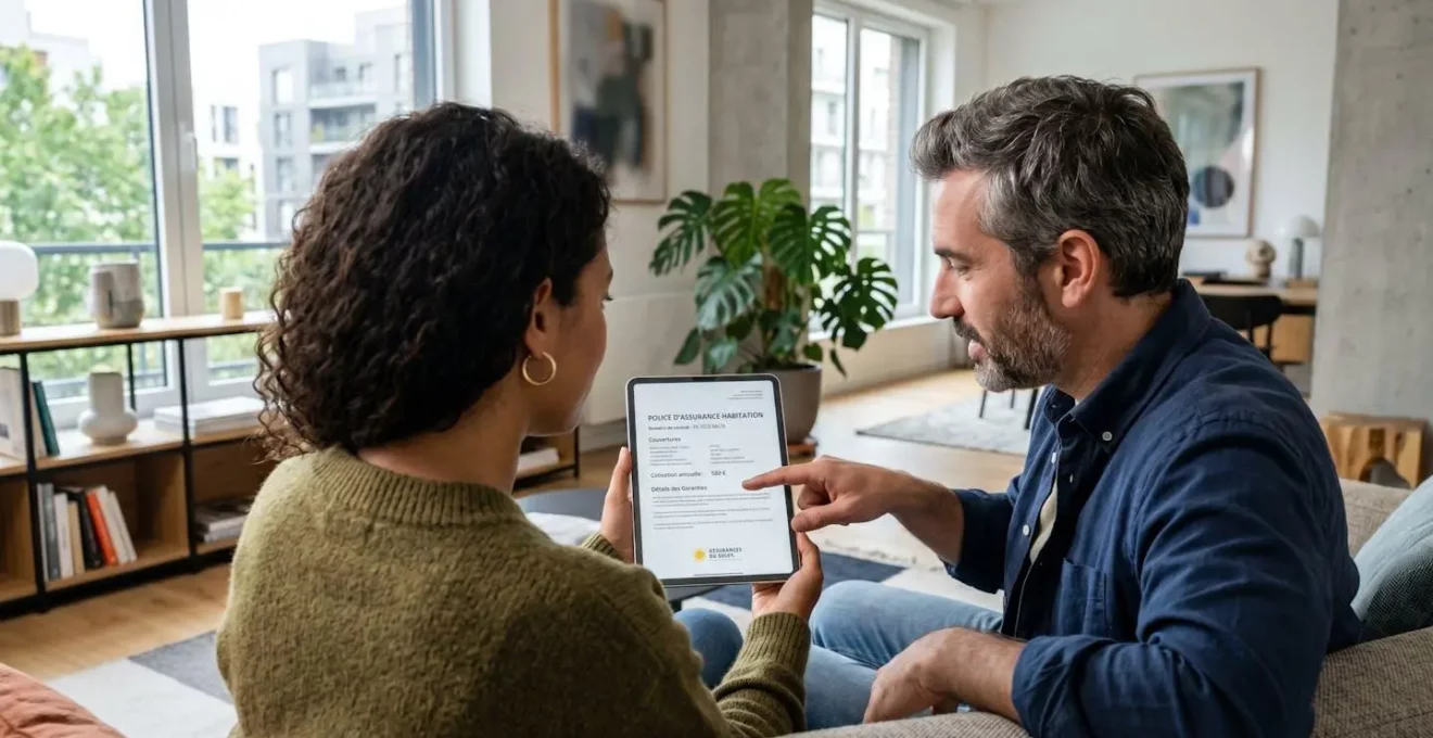 Un couple vu de dos consulte un document d'assurance sur une tablette dans un salon contemporain lumineux