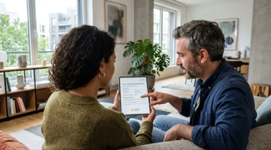 Un couple vu de dos consulte un document d'assurance sur une tablette dans un salon contemporain lumineux