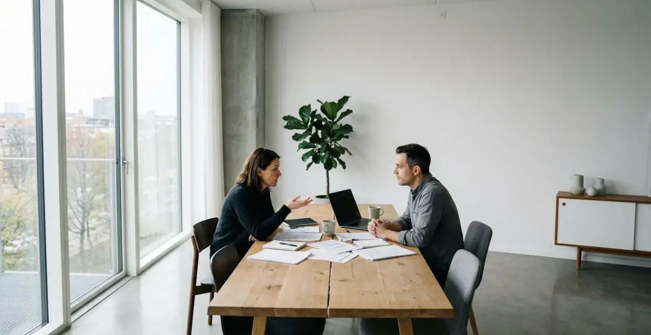 Couple en discussion sérieuse autour de documents sur table avec clés de voiture