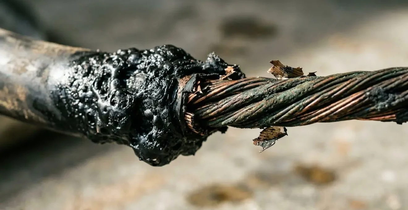 Câble électrique en surchauffe avec traces de fonte sur l'isolant