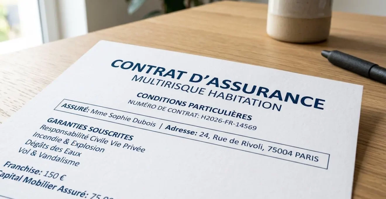 Gros plan sur un document de contrat d'assurance automobile avec un stylo posé à côté sur une surface de bureau moderne