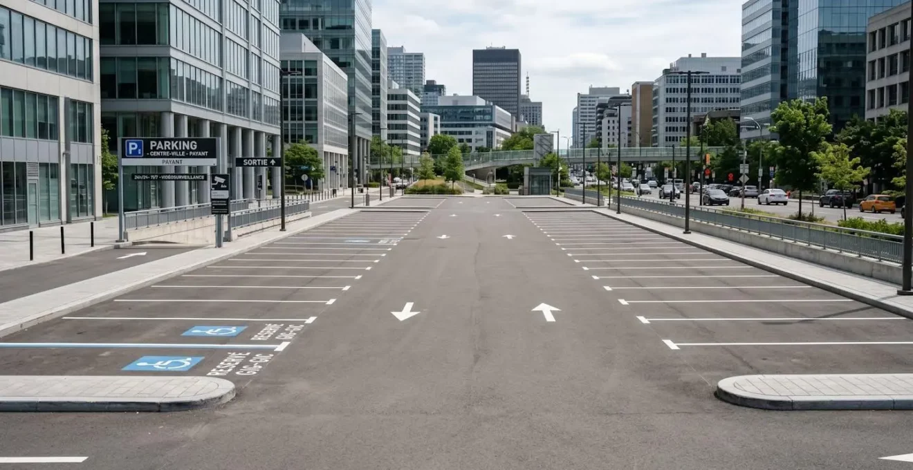 Parking urbain extérieur aux places marquées au sol sous une lumière naturelle du jour