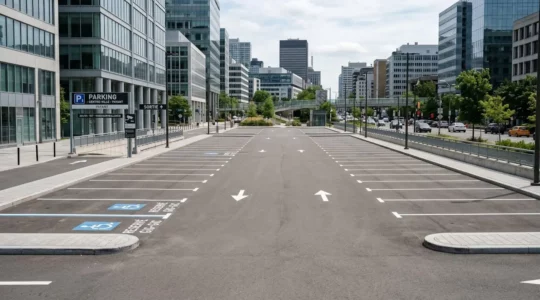 Parking urbain extérieur aux places marquées au sol sous une lumière naturelle du jour