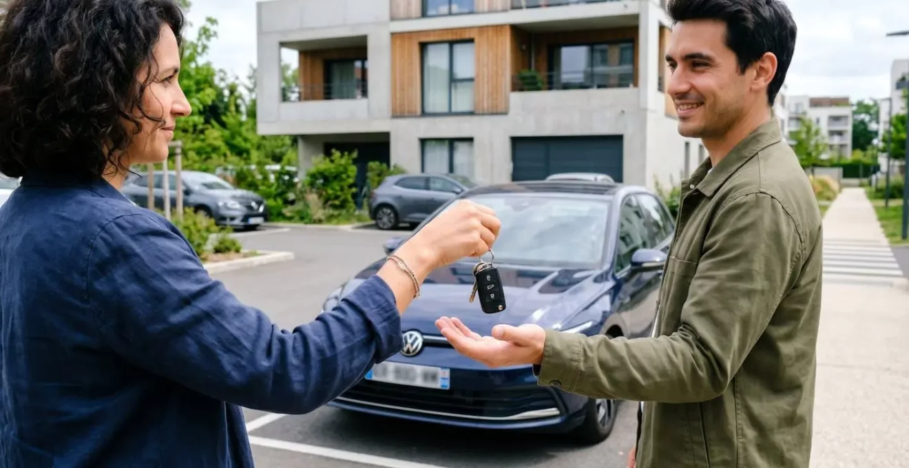 Deux personnes échangent des clés de voiture dans un parking résidentiel contemporain