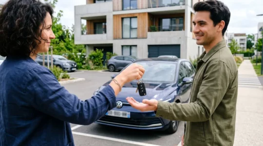 Deux personnes échangent des clés de voiture dans un parking résidentiel contemporain