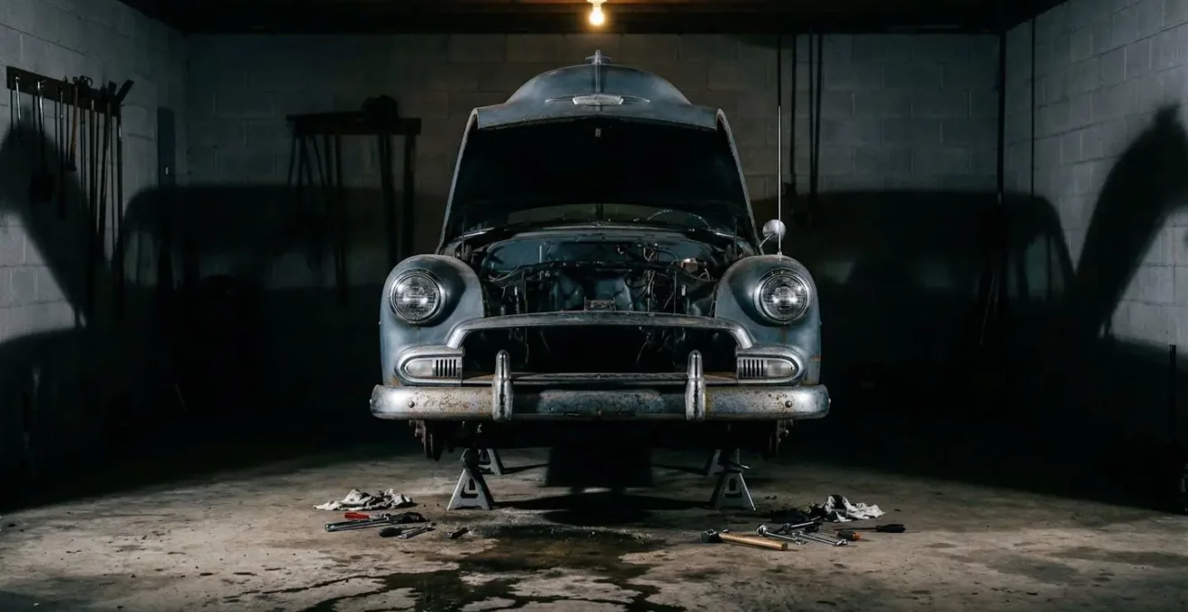 Véhicule immobilisé dans un garage privé illustrant le concept de risque statique