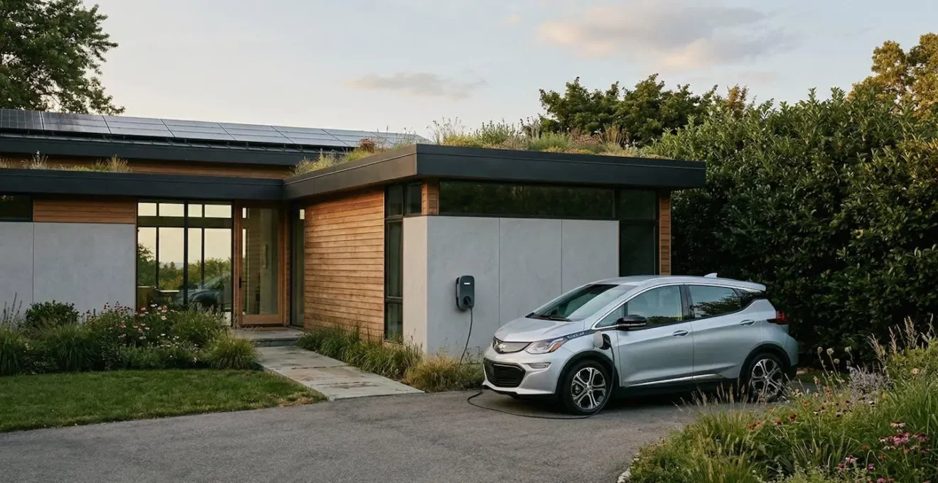 Voiture électrique moderne en charge dans un environnement résidentiel avec verdure