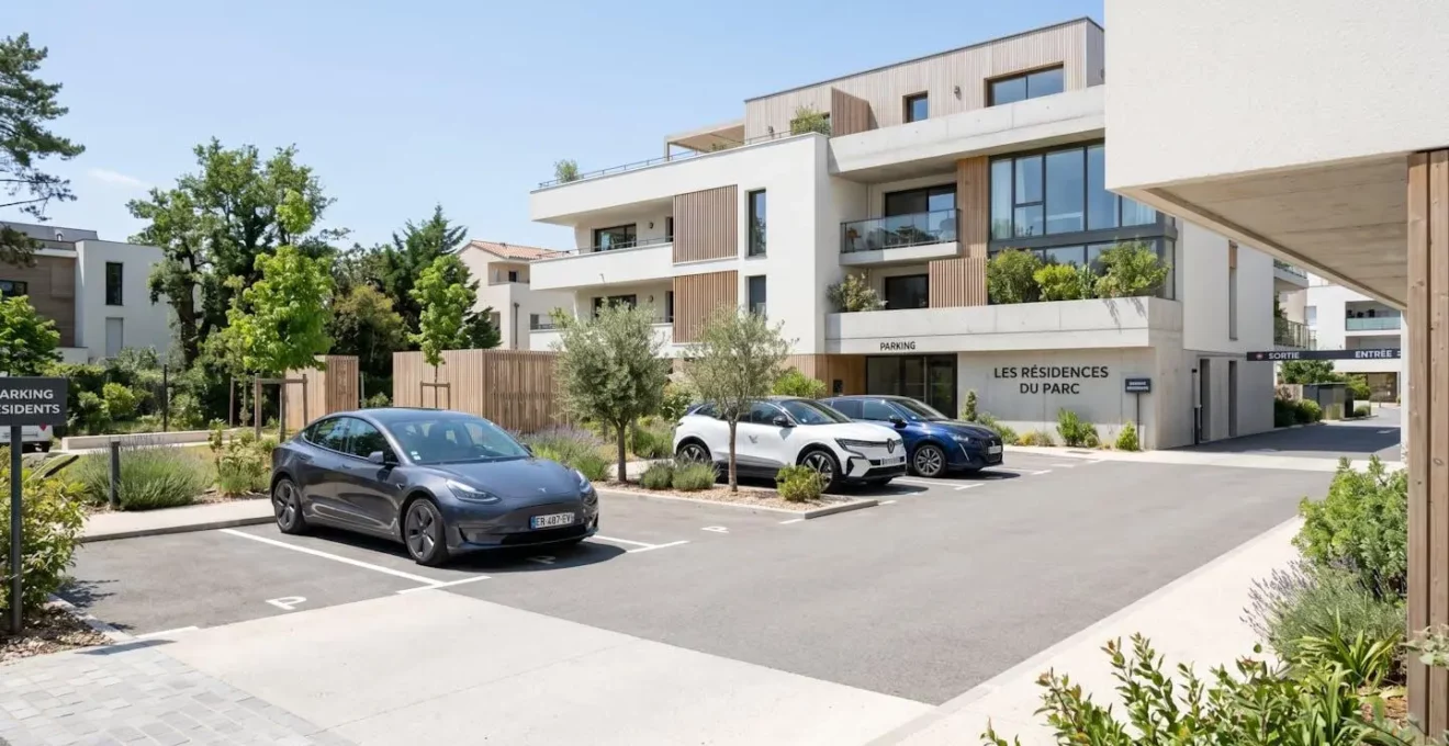 Voiture récente garée dans un parking résidentiel extérieur sous un ciel dégagé