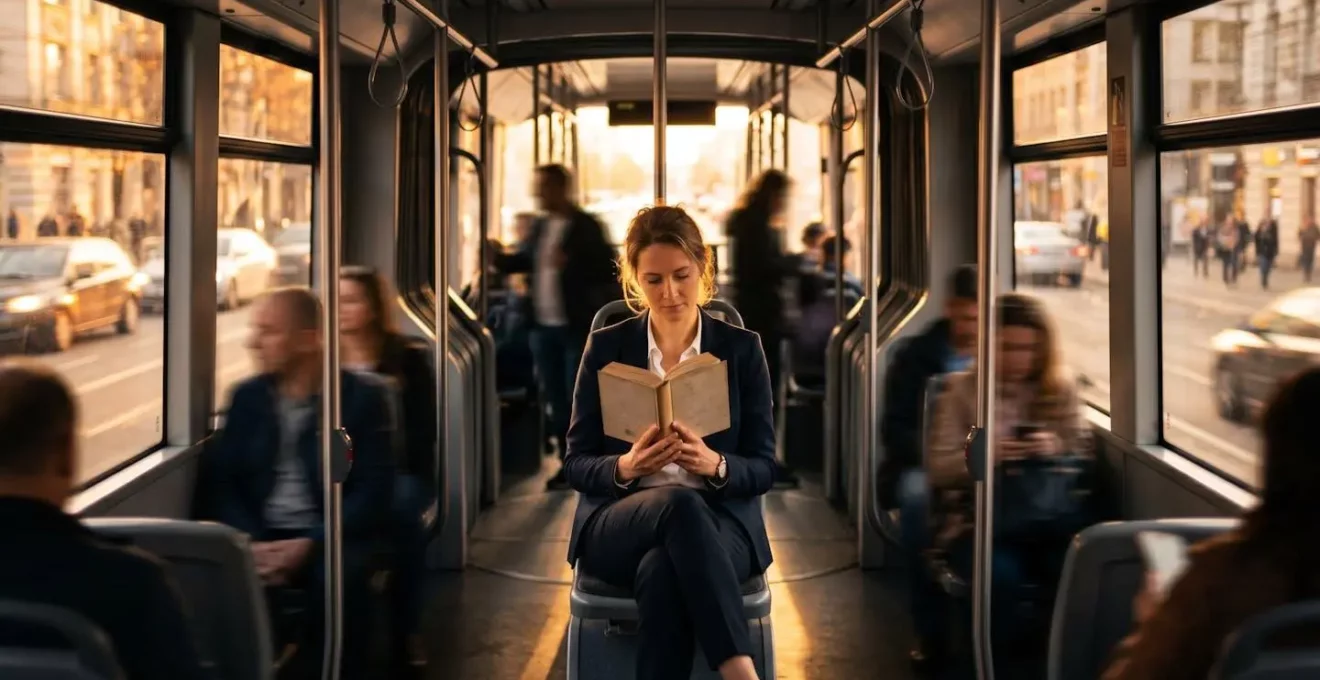 Personne détendue lisant dans un tramway moderne avec lumière douce du soir
