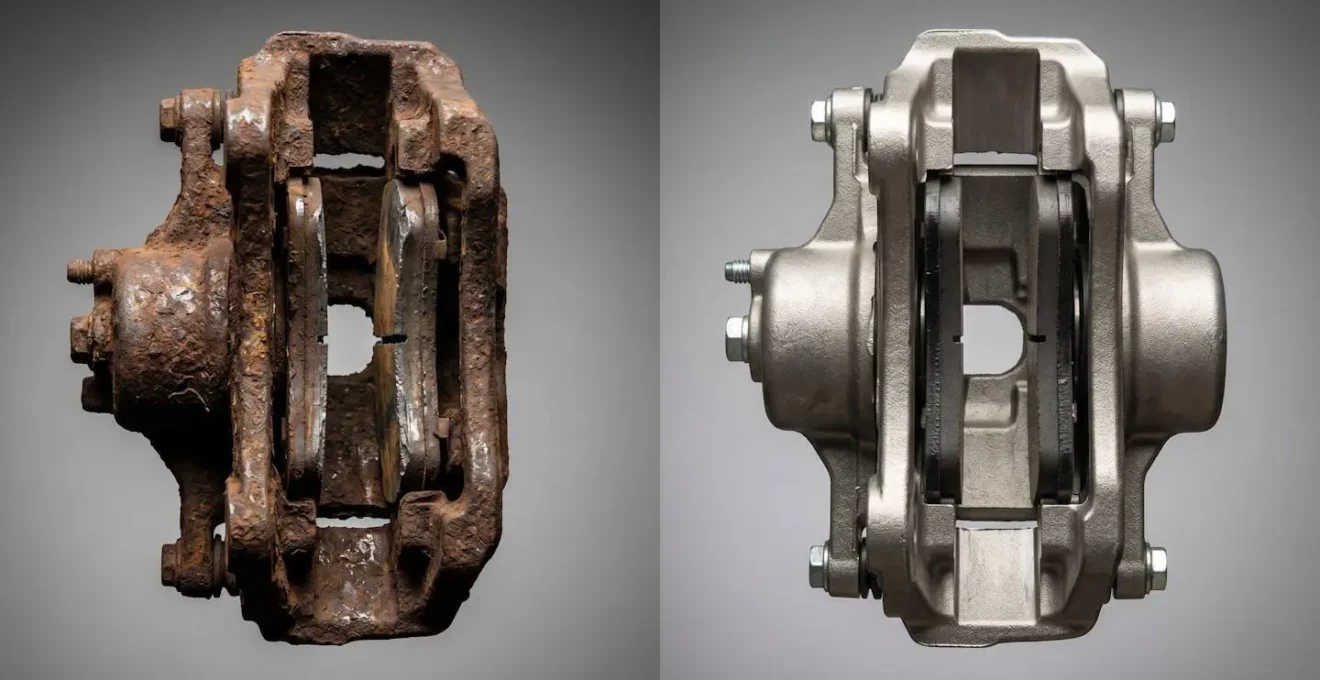 Comparaison visuelle entre un étrier de frein grippé avec traces de corrosion et un étrier en bon état