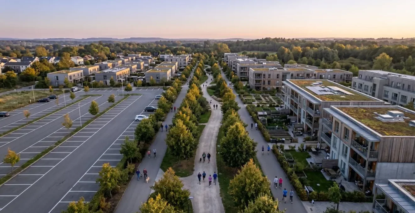 Vue aérienne d'un quartier avec des personnes marchant sur des chemins piétonniers arborés