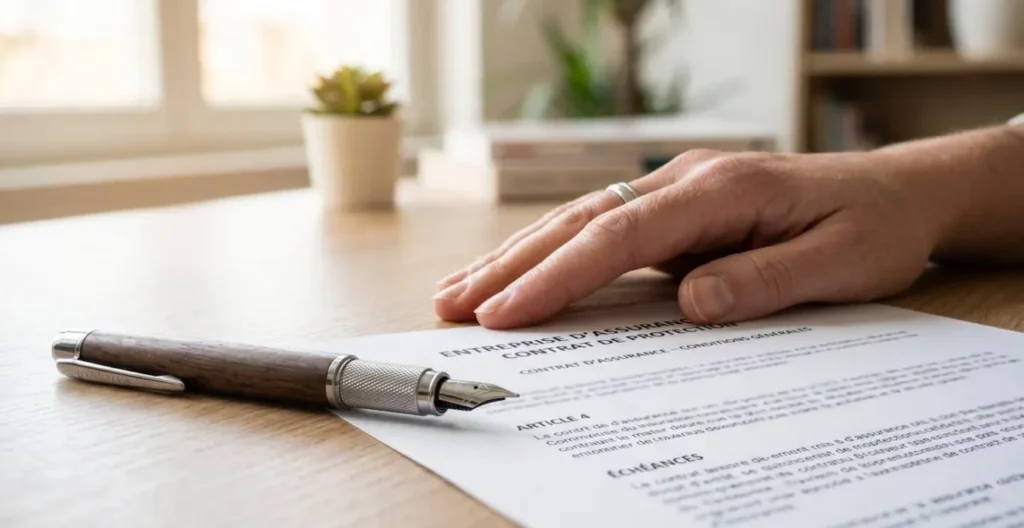 Une main posée sur un document de contrat d'assurance automobile avec un stylo élégant au premier plan sur un bureau contemporain