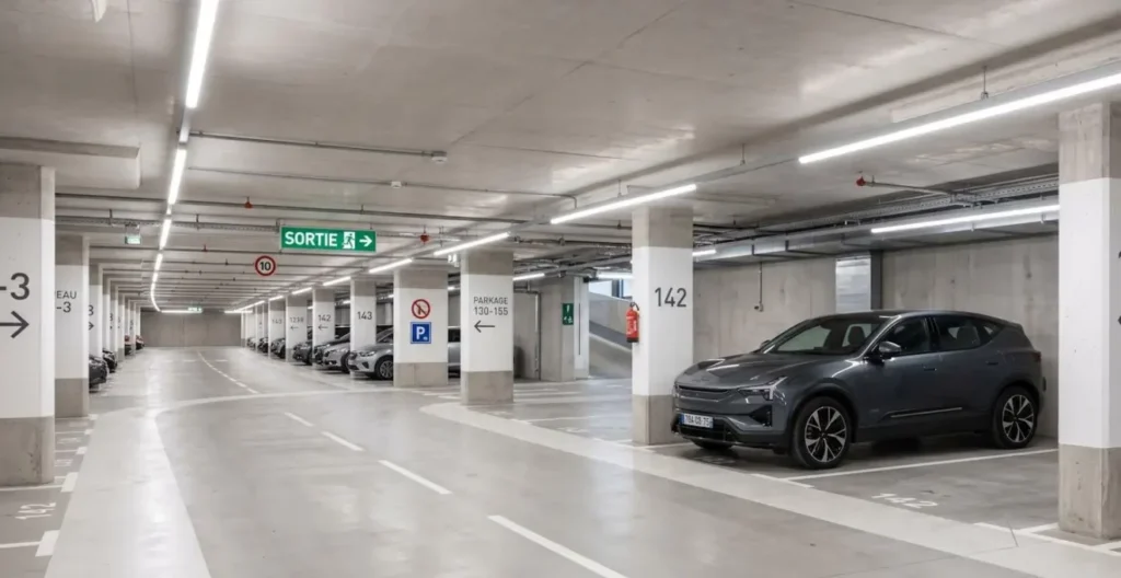 Un parking souterrain moderne et propre avec une voiture récente garée sous un éclairage LED contemporain